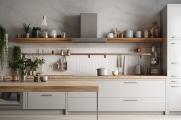Modern kitchen white room interior | Minimal light Scandinavian kitchen interior. White furniture with utensils, shelves with crock | Amazing new contemporary with large white Kitchen, Generative AI