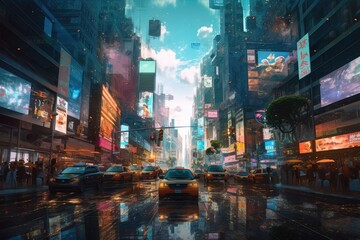 Naklejka premium digital holographic backdrop of busy city street, with taxis and people in the background, created with generative ai