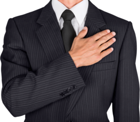 Patriot businessman, citizen holding palm on heart