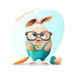 Cute Easter Bunny Character with Carrot and Eggs Isolated on White