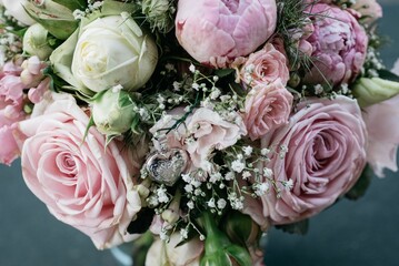 Closeup of wedding bouquet with roses