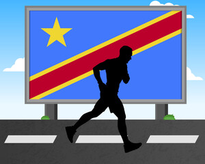 Running man silhouette with Congo Democratic Republic flag on billboard, olympic games or marathon competition