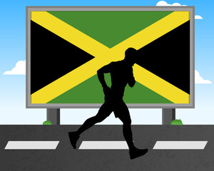 Running man silhouette with Jamaica flag on billboard, olympic games or marathon competition