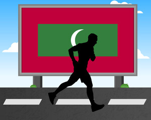 Running man silhouette with Maldives flag on billboard, olympic games or marathon competition