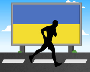 Fototapeta na wymiar Running man silhouette with Ukraine flag on billboard, olympic games or marathon competition