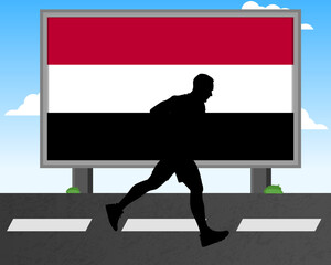 Running man silhouette with Yemen flag on billboard, olympic games or marathon competition