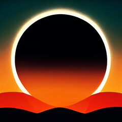 Solar eclipse simple illustration. Stylized landscape eclipse icon. Giant black sun. Eclipse over the mountains. AI-generated - 589577585