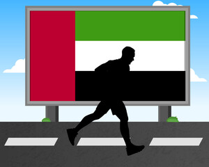 Running man silhouette with UAE flag on billboard, olympic games or marathon competition