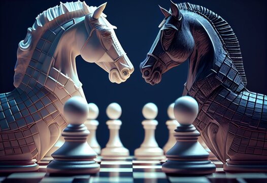 Fight of horses on a chessboard. Epic chess game illustration. Chess victory illustration. Horse chess piece on a chessboard. Generative AI