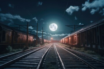 Obraz premium nighttime view of railway tracks and lanterns, with the moon shining above, created with generative ai
