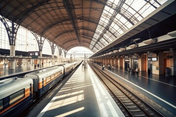 modern railway station with sleek and streamlined trains, passengers waiting for their ride, created with generative ai