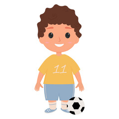 a cute boy in a sports uniform is standing with a ball. vector. Young football player