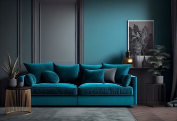 Living room dark grey interior wall mock up with turquoise blue colored velvet sofa, empty grey wall with free space on the right, 3D render, 3D illustration. Generative AI