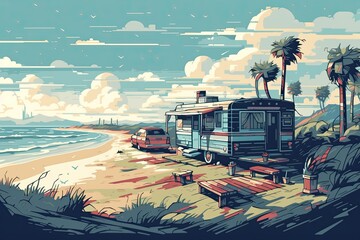 A Family Voyage: Blue Ocean, Drive of Adventure, and a Trailer Home on the Beach: 16 Bit Pixel Art Digital Illustration: Generative AI