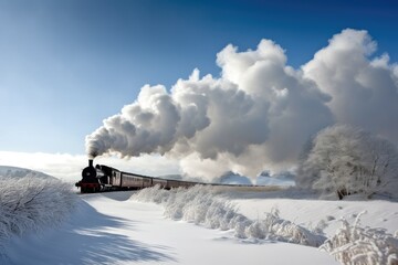 steam train making its way through snowy landscape, with the smoke rising from the chimney, created with generative ai