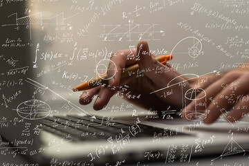 Student or teacher with mathematical and scientific formulas. Concepts of education. Symbols and equations on a virtual interface. Double exposure