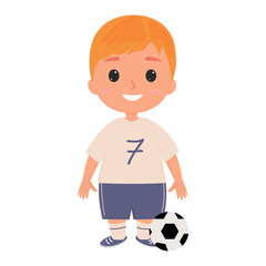 A young football player. a cute boy in a sports uniform is standing with a ball. vector
