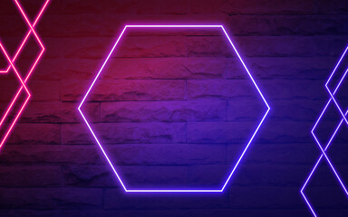 Neon red and blue glowing hexagon shape technology abstract background with bricks wall