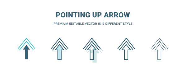pointing up arrow icon in 5 different style. Outline, filled, two color, thin pointing up arrow icon. Editable vector can be used web and mobile
