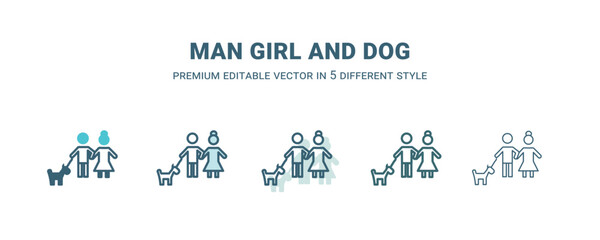 man girl and dog icon in 5 different style. Outline, filled, two color, thin man girl and dog icon. Editable vector can be used web and mobile