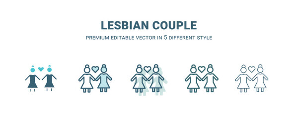 lesbian couple icon in 5 different style. Outline, filled, two color, thin lesbian couple icon. Editable vector can be used web and mobile