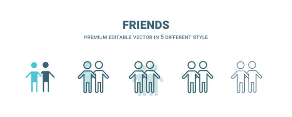 friends icon in 5 different style. Outline, filled, two color, thin friends icon. Editable vector can be used web and mobile