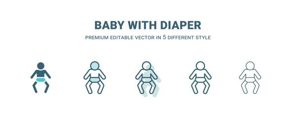 baby with diaper icon in 5 different style. Outline, filled, two color, thin baby with diaper icon. Editable vector can be used web and mobile