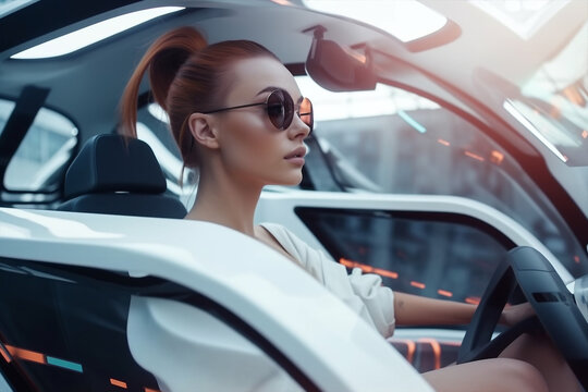 Generative ai woman sitting in self driving electric car