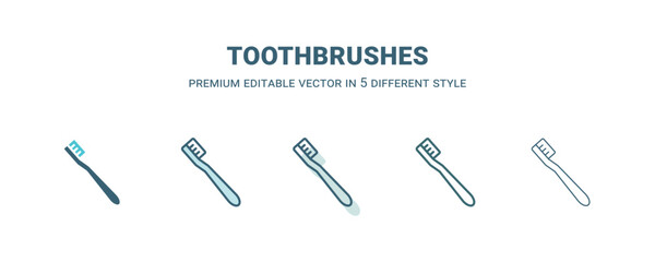 toothbrushes icon in 5 different style. Outline, filled, two color, thin toothbrushes icon. Editable vector can be used web and mobile