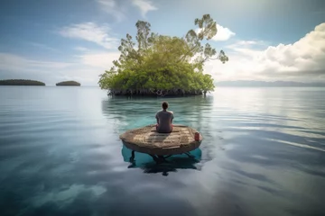 Foto op Canvas person, meditating on the serene float island, with view of tranquil waters, created with generative ai © Natalia