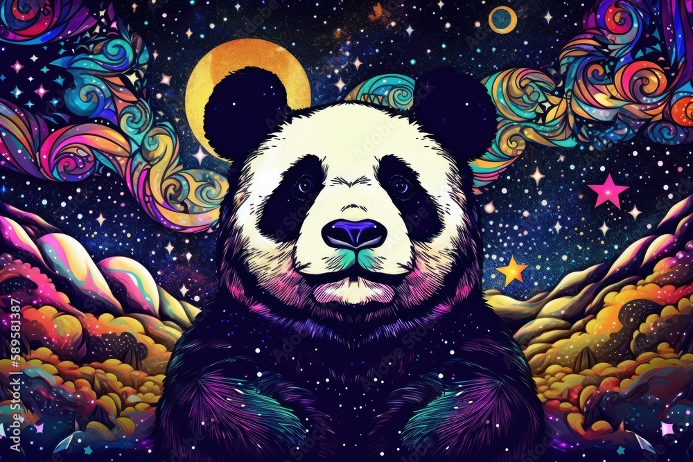 Canvas Prints trippy panda with starry night sky in the background, created with generative ai