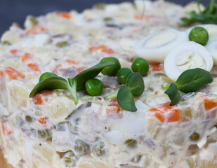 traditional olivier salad decorated for the holiday