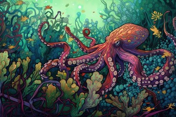 Fototapeta na wymiar trippy octopus swimming amongst underwater plants, created with generative ai