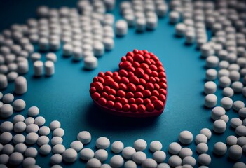 Red pill in the shape of a heart on a background of white pills and a blue background. The concept of love addiction, love drugs, Valentine's Day and depression. Generative AI