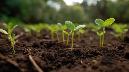 Seedlings growing in soil. Concept ecology and bio. Generative AI.