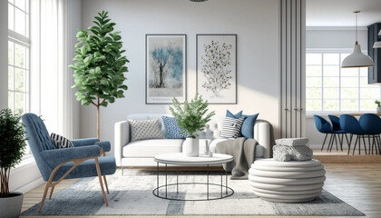 Modern Living Room with White Sofa and Blue Armchair