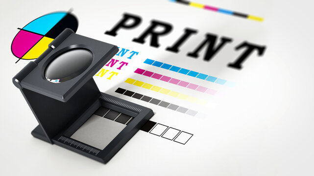Printing loupe standing on colour test paper. 3D illustration