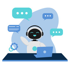 Illustration with an AI chatbot sitting at a laptop and chatting. The character of the robot is very positive, the design is minimalistic in flat style.