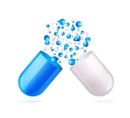 Open capsule pill with falling out blue and gray molecules in realistic style isolated on transparent background