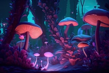 visionary scene with giant mushroom forest, with towering mushrooms and colorful plants, created with generative ai