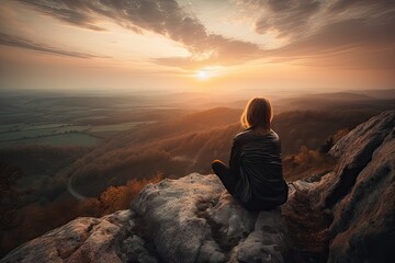 Obraz premium woman, sitting on the edge of a cliff, overlooking majestic landscape with sunset in the background, created with generative ai