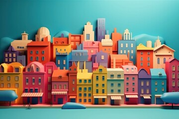 Paper cut of a Cityscape with houses, trees and mountains. Natural Environment, 3D illustration, Generative Ai