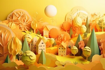 Paper cut of a Cityscape with houses, trees and mountains. Natural Environment, 3D illustration, Generative Ai