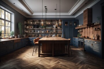 Modern kitchen interior in black colour | elegant contemporary kitchen room interior | Wood table top on kitchen room background | Modern kitchen interior design in a luxury house, Generative AI
