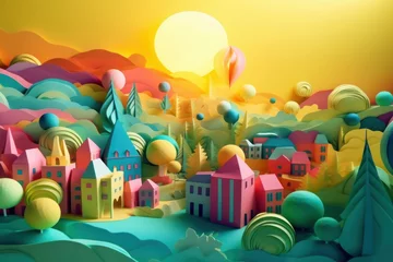 Gordijnen Paper cut of a Cityscape with houses, trees and mountains. Natural Environment, 3D illustration, Generative Ai © Angus.YW