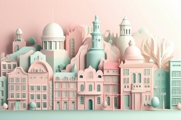 Paper cut of a Cityscape with houses, trees and mountains. Natural Environment, Pink Colour, 3D illustration, Generative Ai