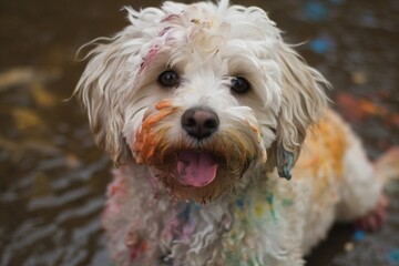 Portrait of a white Maltese dog playing in the water with colour mess, Generative Ai