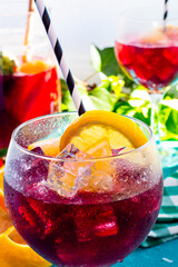 Sangria or tinto de verano, a refreshing drink typical of Spain with red wine, lemon, ice and...