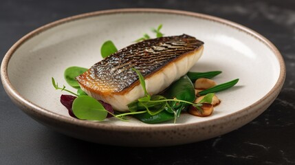 A small, delicate dish of grilled miso-glazed fish with a simple garnish of green salad. AI generated