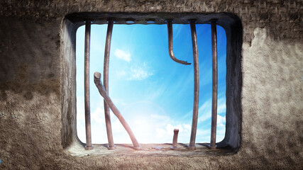 Prison cell with broken prison bars on the window. 3D illustration